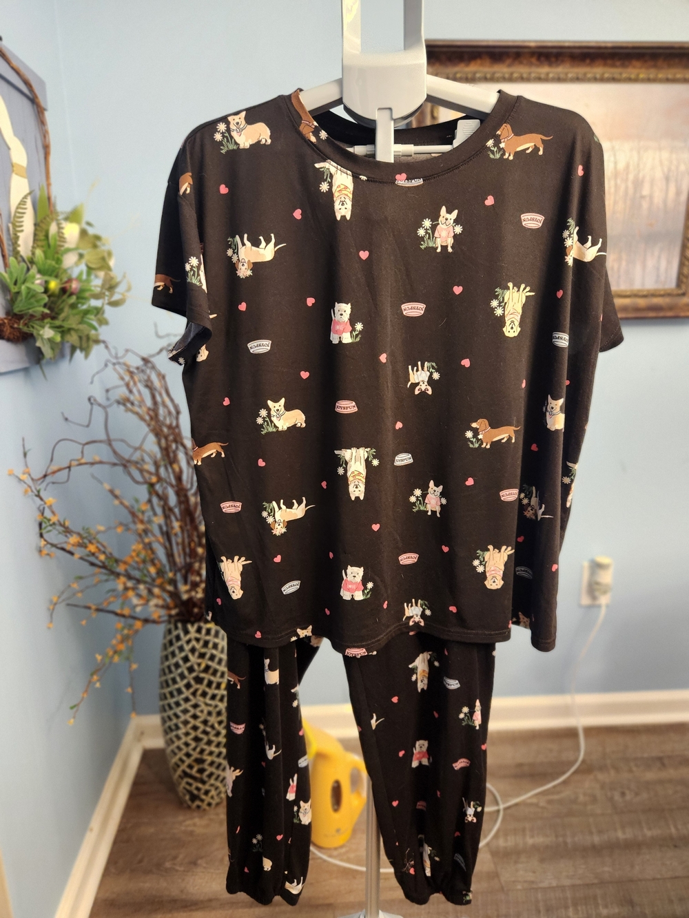 Women’s Black Dog Print Pajama Set - Cozy Sleep Tee & Pants